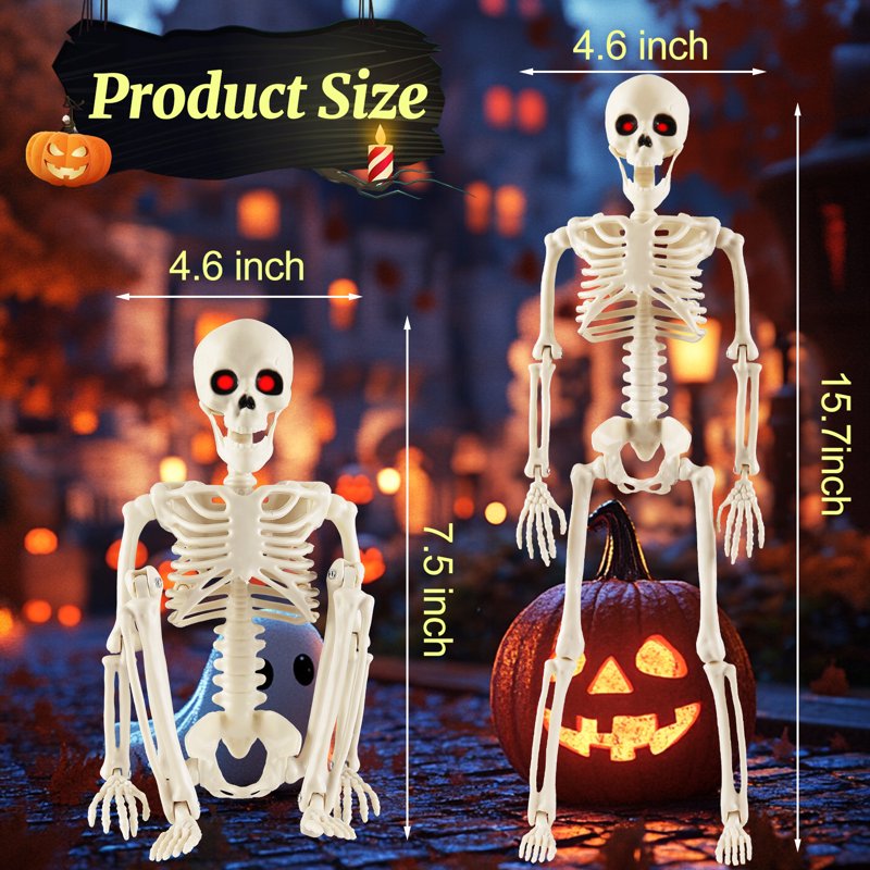 Posable Plastic Skeleton Decorations - 4 Pack, 16 Inch Halloween Props for Haunted Houses & Yard Decor