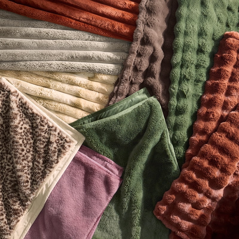 Reversible Faux Fur & Micromink Throw Blanket - Channel Pattern, 50 x 72 in - Channel Brown Basket
