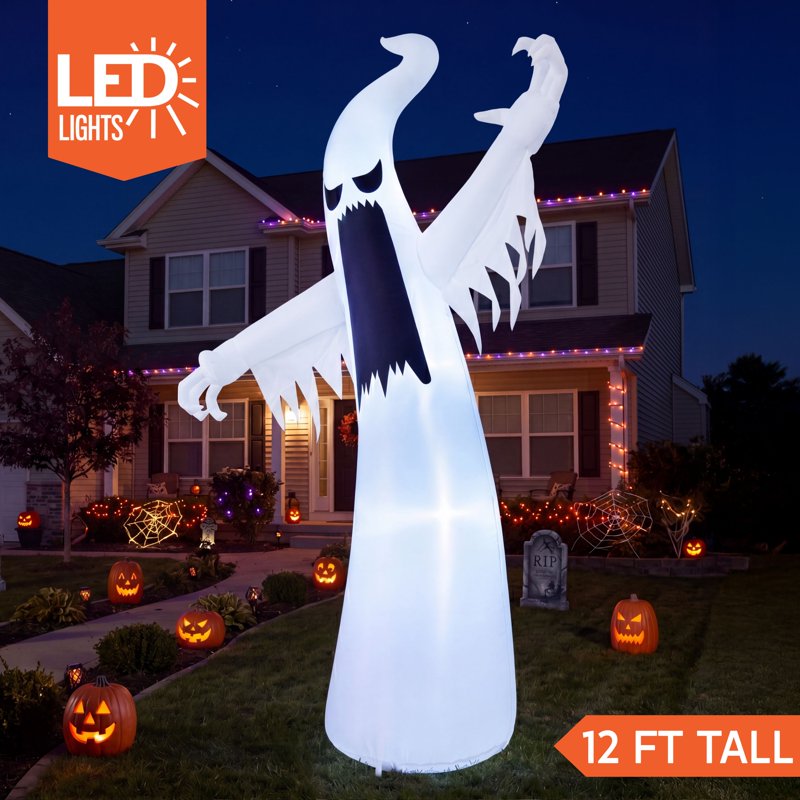 Scary Ghost Halloween Inflatable 12ft Tall Yard Decoration with Built-In LEDs - Outdoor Inflatable Ghost