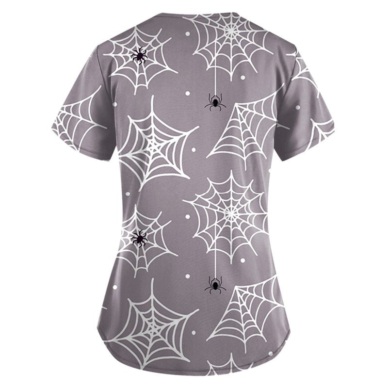Women's Halloween Pumpkin-Headed Bat Printed Scrub Top - Gray, S | Nurse Uniform with Pockets