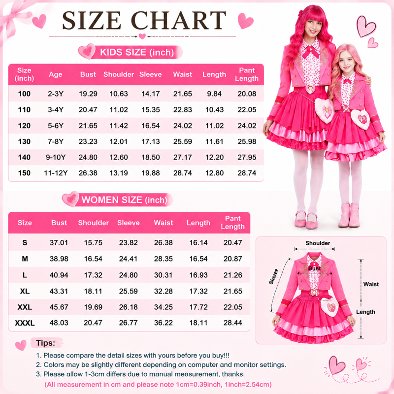 Pink Princess Costume Set for Kids & Adults - Pink Cosplay Outfit with Blazer, Shirt, Tiered Skirt & Heart Bag - L Adult Variation