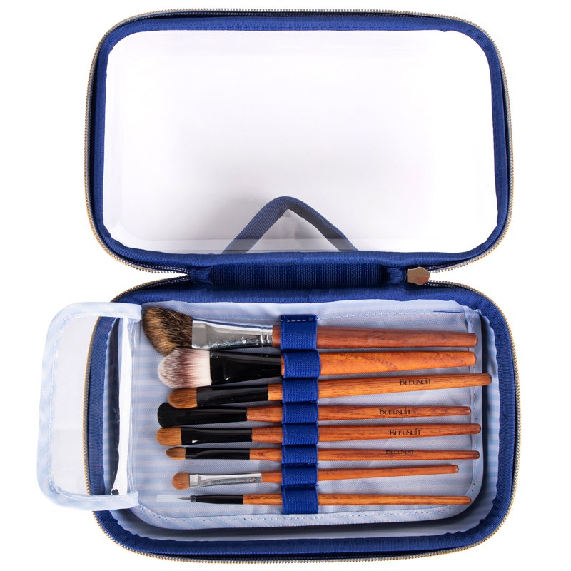 Large Hard Shell Travel Makeup Bag with Transparent Lid and Brush Holders