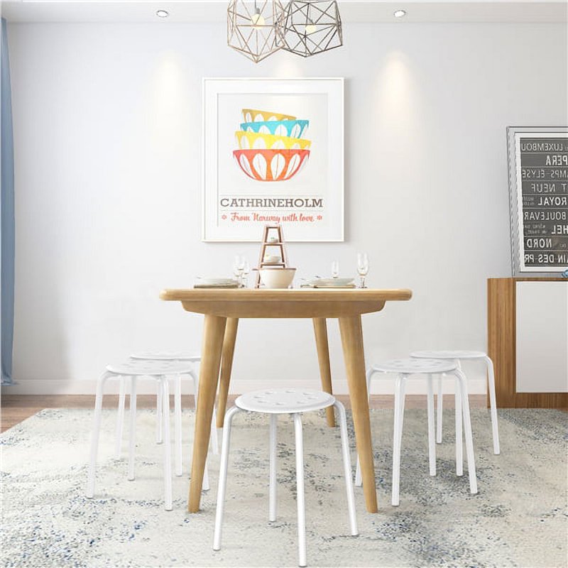 Set of 5 Stackable Round Bar Stools - White Plastic Seats