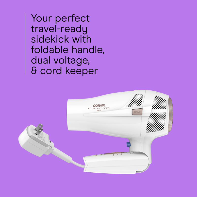 Travel Hair Dryer with Dual Voltage, 1875 Watts, Folding Handle
