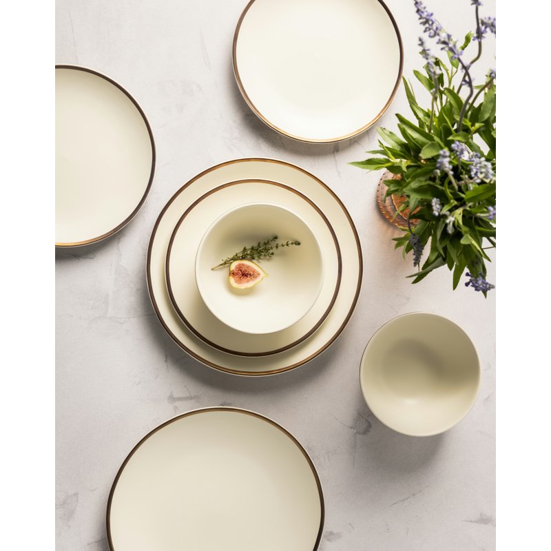 Everest Ceramic Bowl - Off-White with Gold Rim - Single