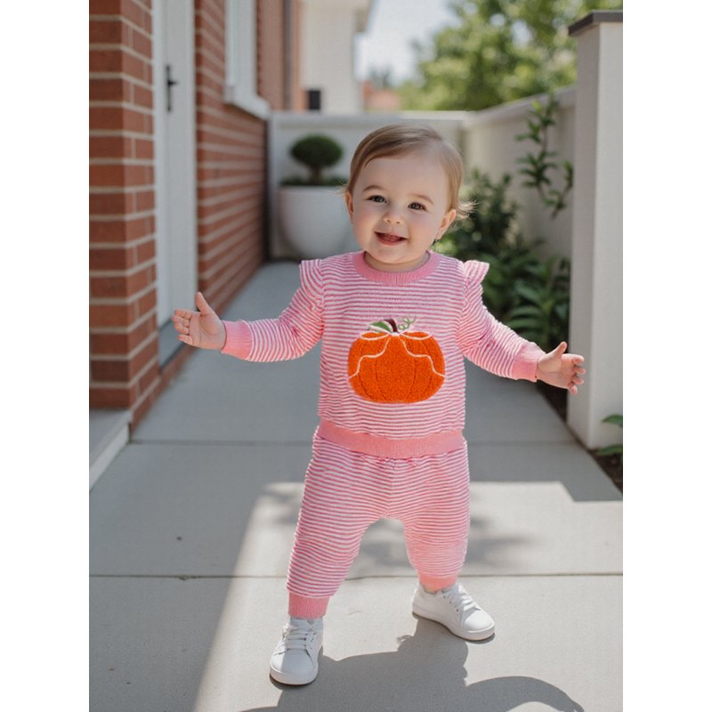 Toddler Girls Halloween Outfit Set - Embroidery Pumpkin Sweatshirt & Striped Pants, 18-24 Months - Style 31