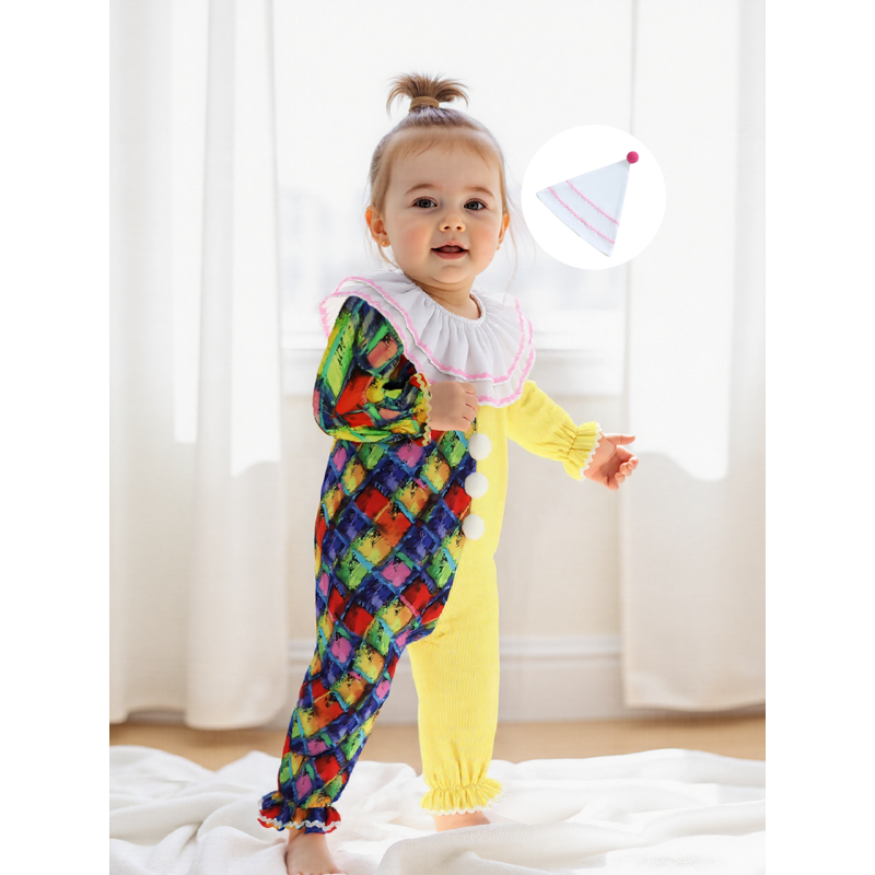 Kids Toddler Baby Clown Costume Jumpsuit & Hat Set - Yellow White, 6-12 Months