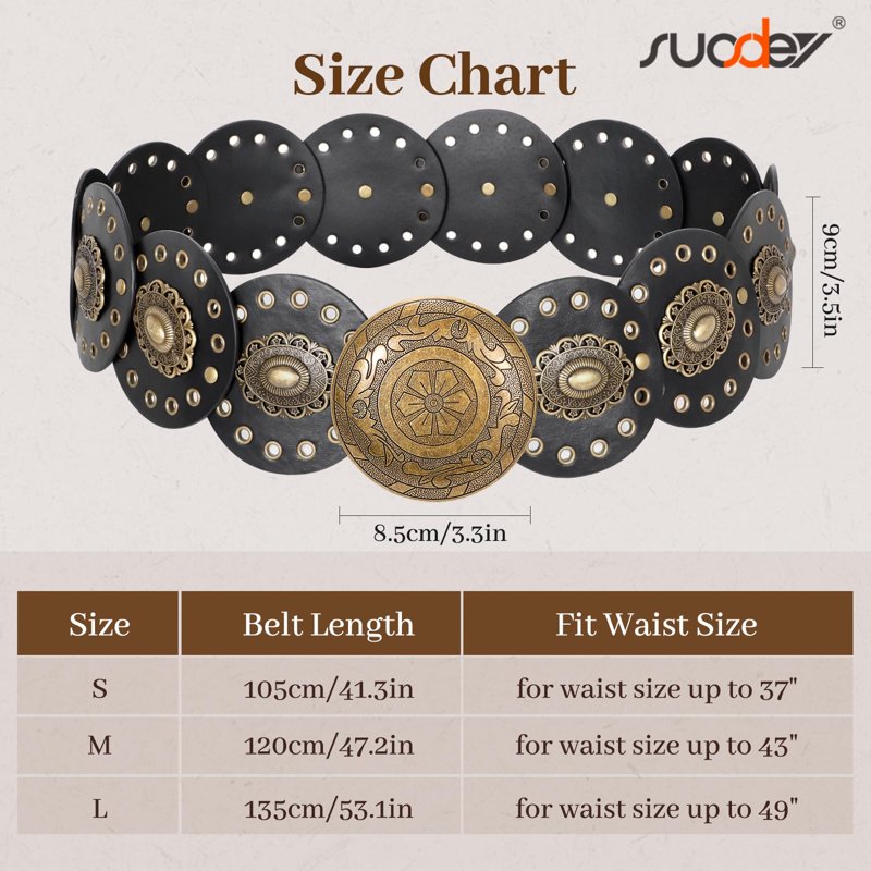 Women's Western Boho Concho Disc Belt for Dress & Jeans - Black, Up to 37"