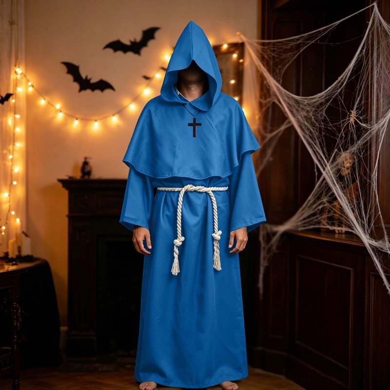 Medieval Monk Costume Set for Halloween Cosplay - Long Sleeve Robe & Belt, Blue, XL (Variation of Halloween Costumes Blue, XL)