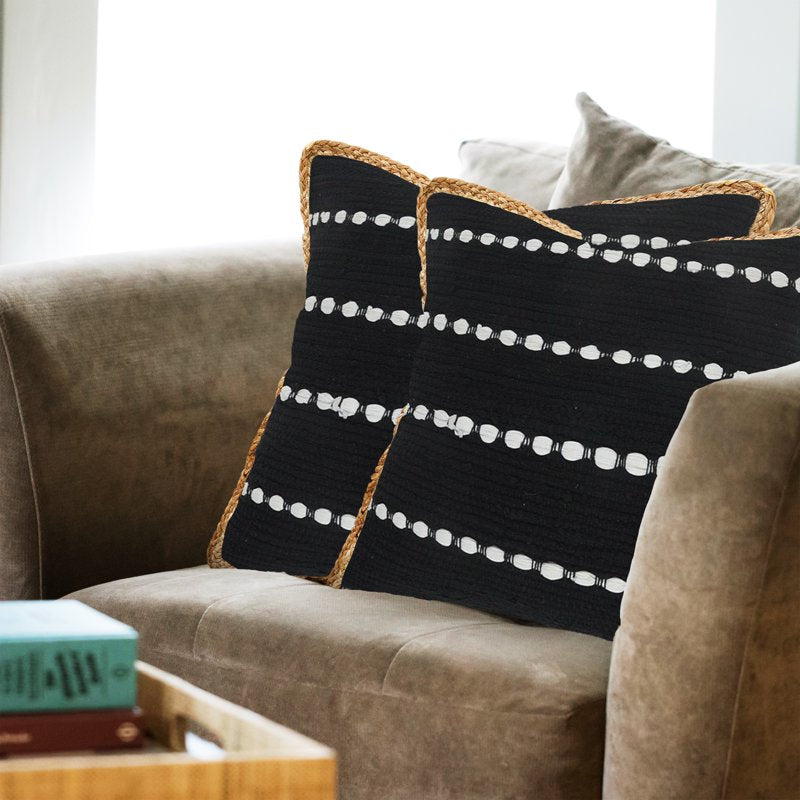 18x18 Black White Jute Border Striped Cotton Throw Pillow Set - Set of 2