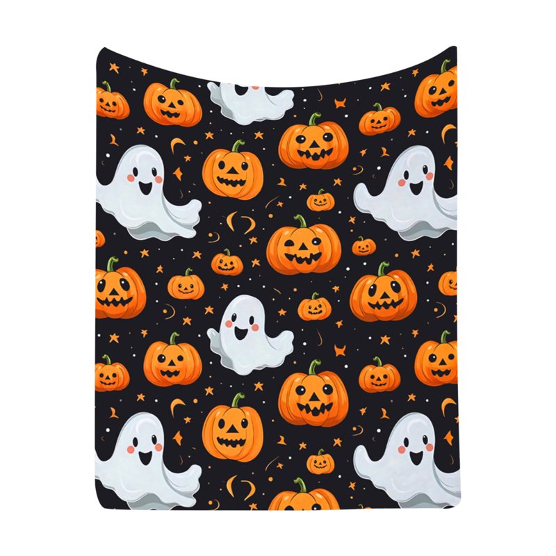 Halloween Flannel Throw Blanket - Ghost Pattern, 70x100cm, Black, Cozy Lightweight Decor