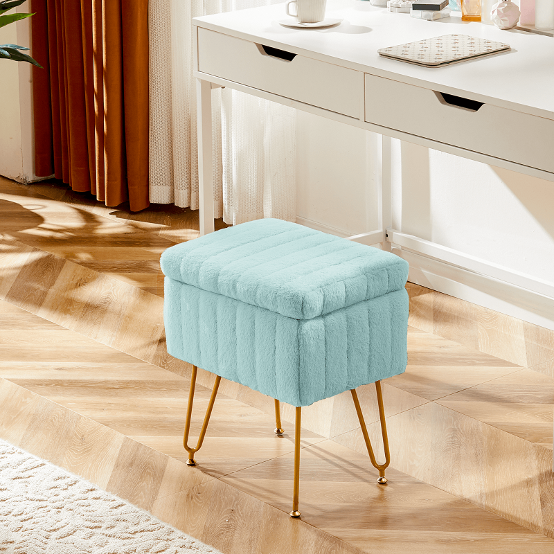 Ottoman Vanity Stool Chair with Storage - Mint Green Faux Fur