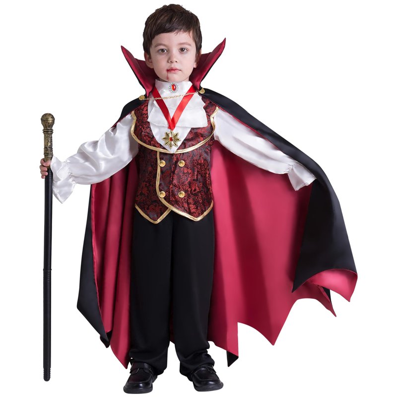 Kids Vampire Costume Gothic Halloween Dress Up - Black & Red, 5-7 Years