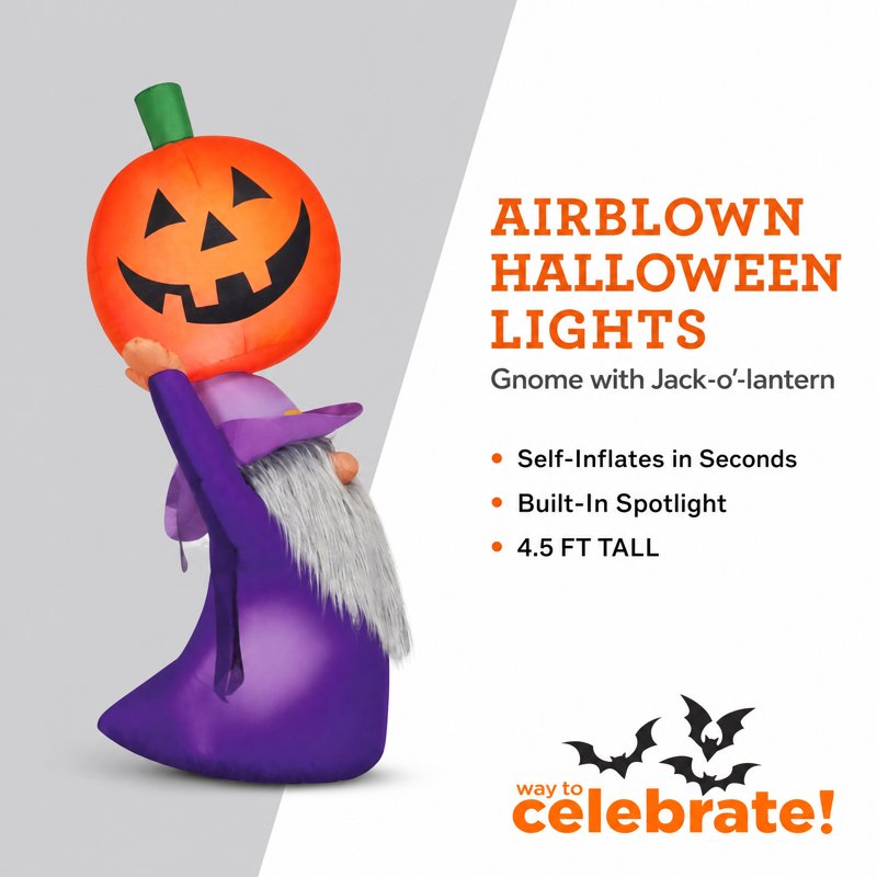 Halloween Gnome Inflatable with Jack-o'-Lantern and Spotlight - 4.5 ft Yard Decor