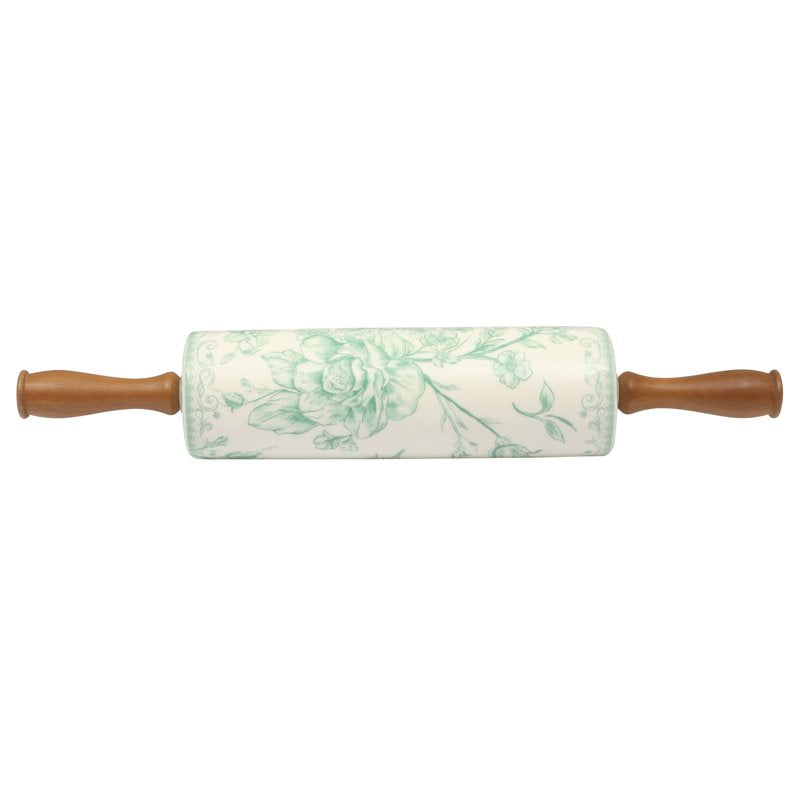 Ceramic Rolling Pin with Wood Handles - Green Floral Design