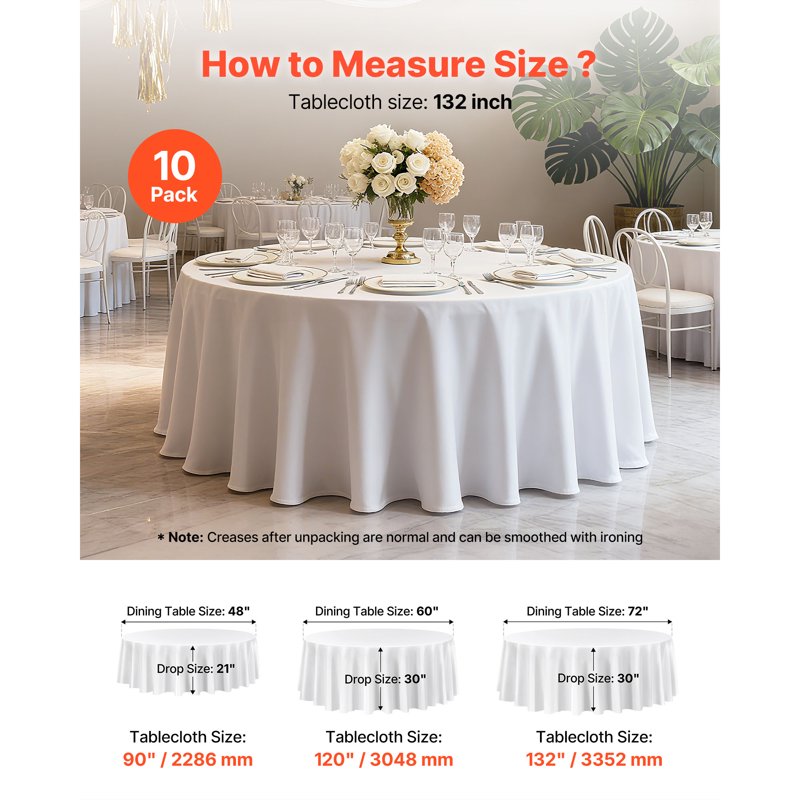 132-Inch White Round Tablecloths - 6 Pack, Durable & Wrinkle-Resistant