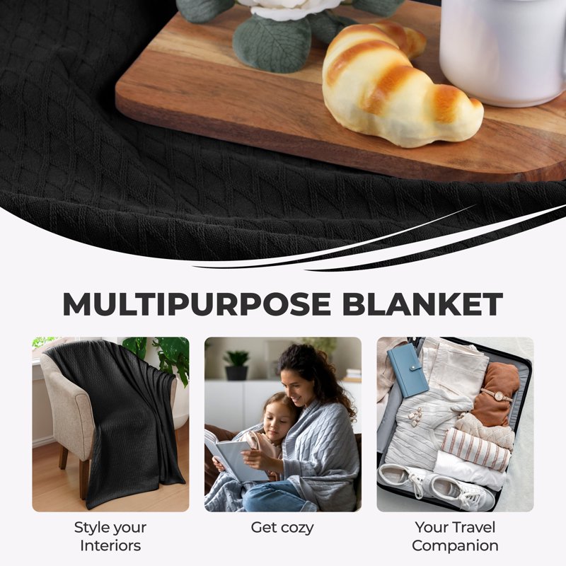 Full/Queen Cotton Blanket - All-Season Diamond Weave Bed Cover - Black