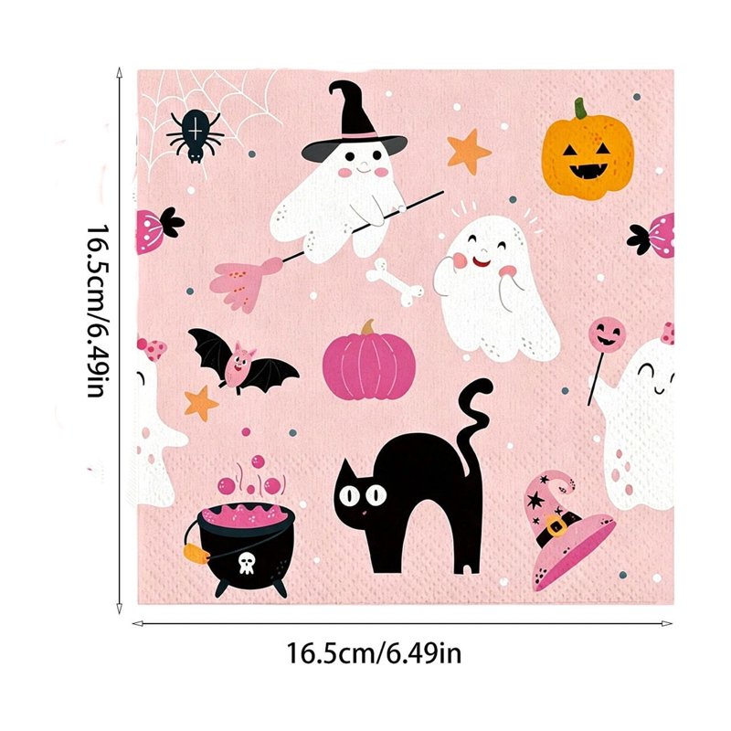 Pink Halloween Paper Napkins 20 Pack - Disposable Ghost Party Tableware