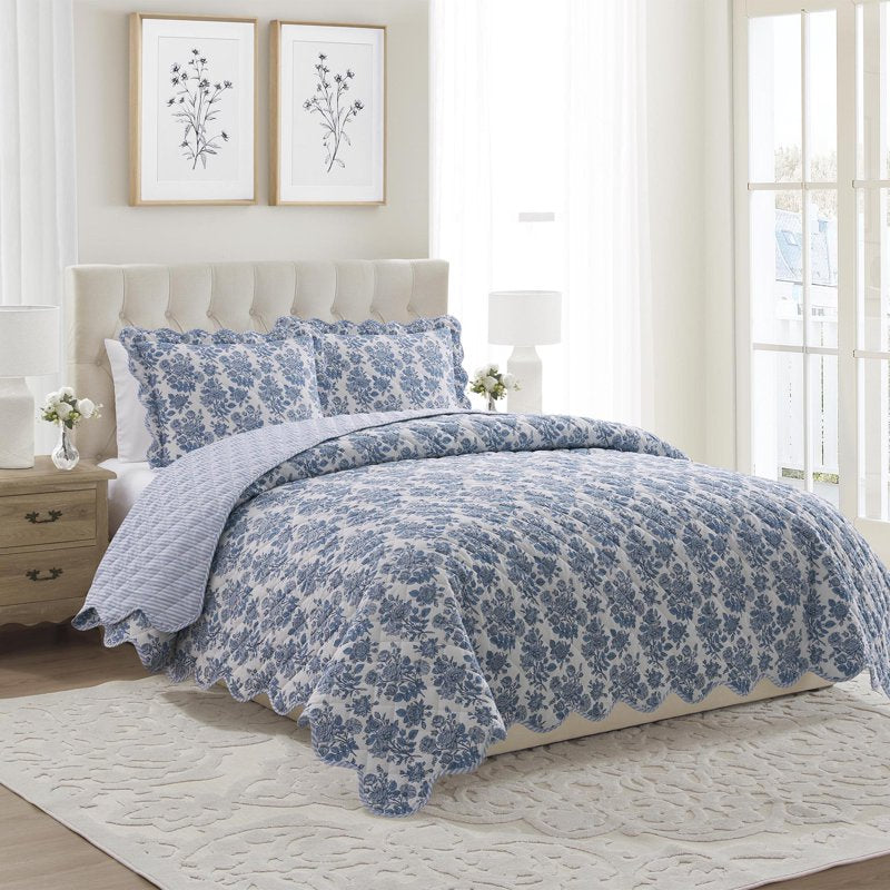 Blue Toile Adult Quilt Set with Shams - Twin/Twin XL, Cotton & Microfiber