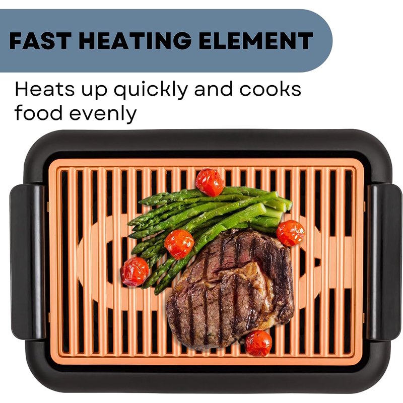 Electric Indoor Grill, 15x10 Inch Non-Stick Countertop Cooker - Copper