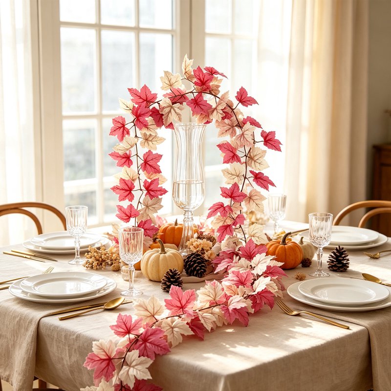 Pink Maple Leaf Garland for Fall Home Decor - 70.87 Inch Artificial Vine, Bendable Autumn Foliage with Cream Leaves - Pink Garland Variation 2