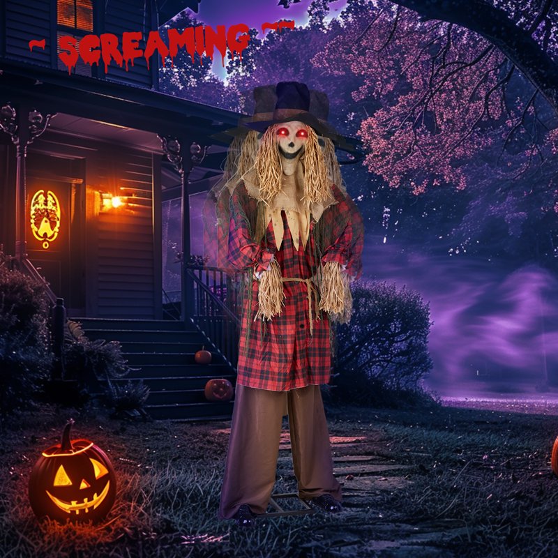 8ft Animated Halloween Scarecrow Decoration with LED Eyes and Screaming Sound