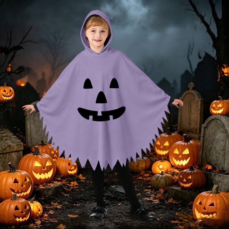 Purple Ghost Face Kids Halloween Costume Cape for Boys Girls 4-6 Years