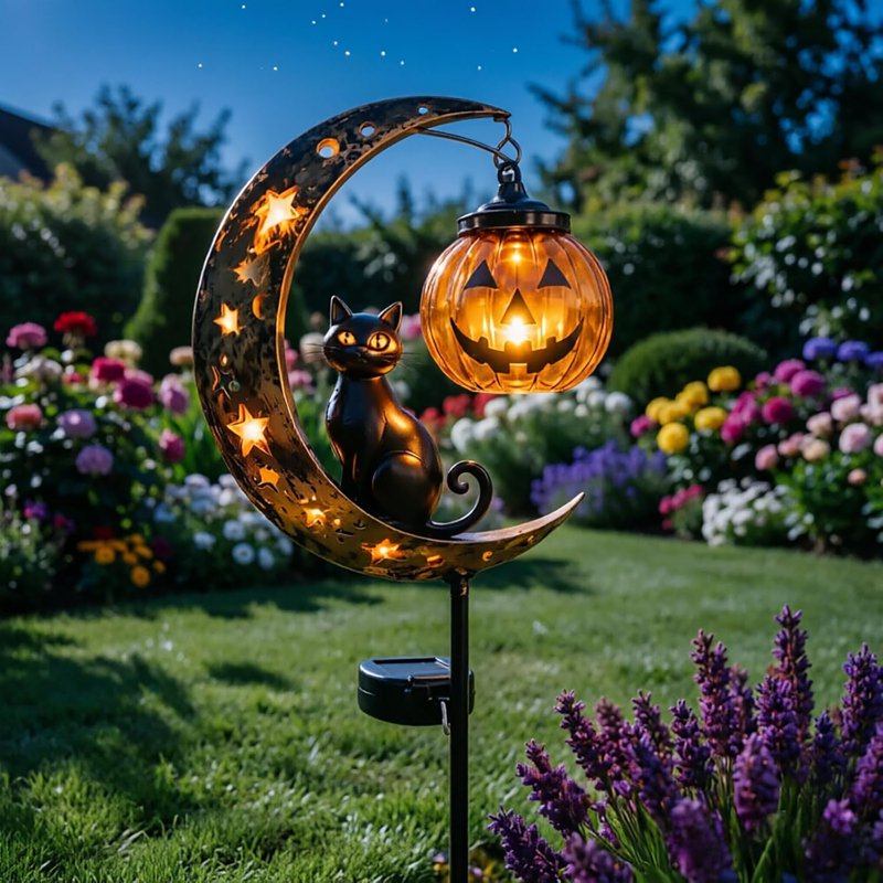 Solar Halloween Black Cat & Pumpkin Moon Garden Stake Light B-2PCS Outdoor Waterproof LED Decor