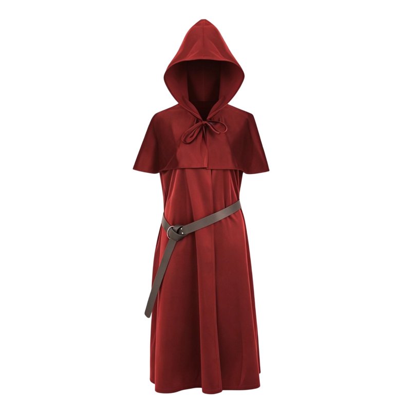 Medieval Monk Robe Hooded Cloak Costume Set with Belt - BB-Wine, M