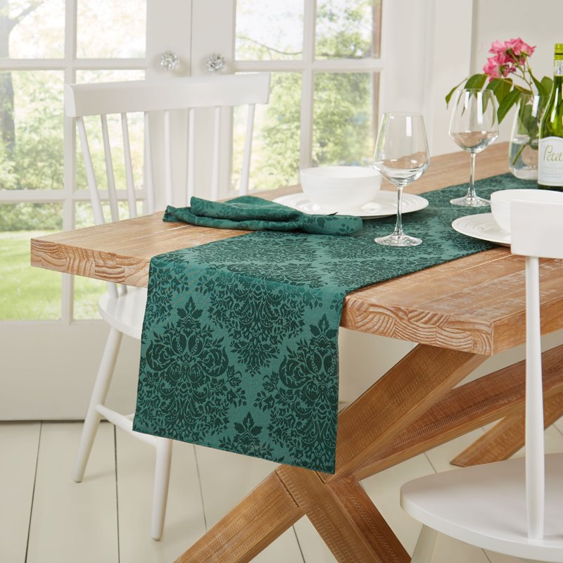 Lexington Damask Table Runner 15"x72" - Green, Stain Resistant