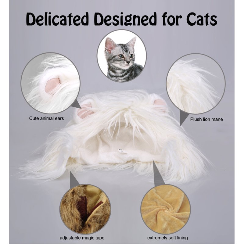 Lion Mane Wig for Cats - White, Small Size, Halloween & Christmas Pet Costume Accessory