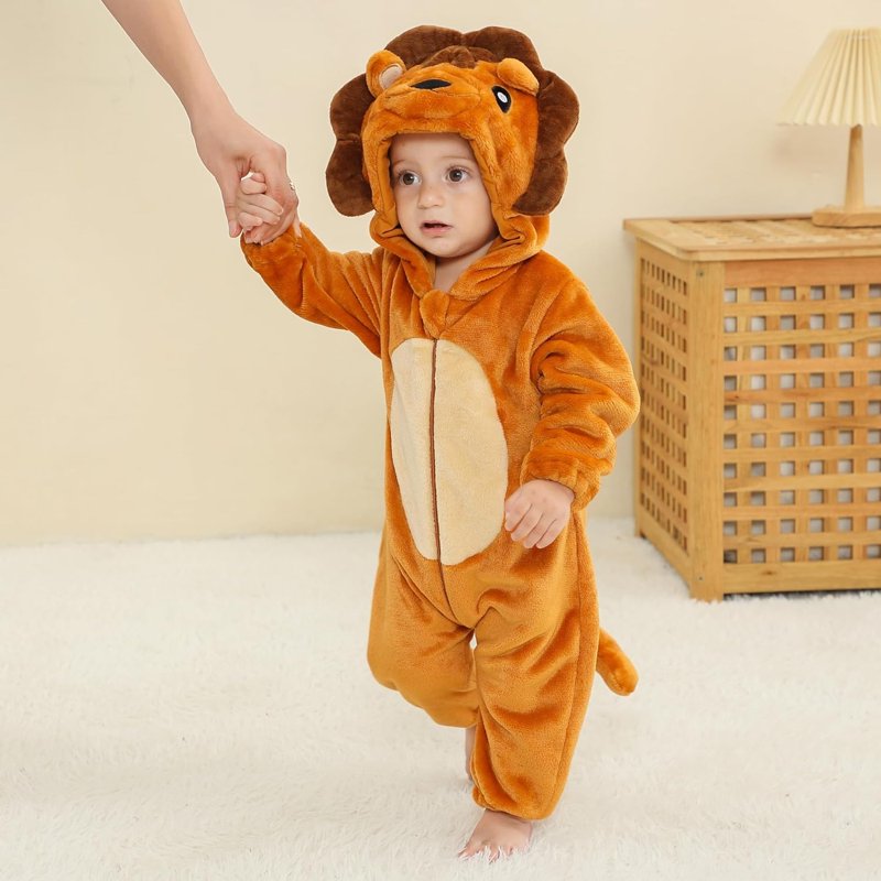 Baby Animal Costume Romper - Unisex Flannel Lion Jumpsuit 6-12 Months