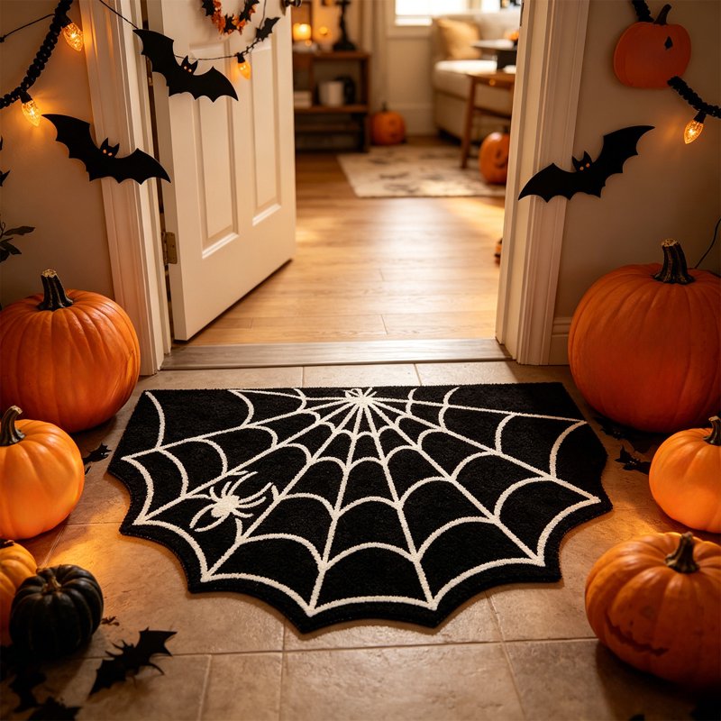 Halloween Spider Web Bath Mat - Non-Slip 24x16 Inch Gothic Rug for Bathroom & Entry - Variation A