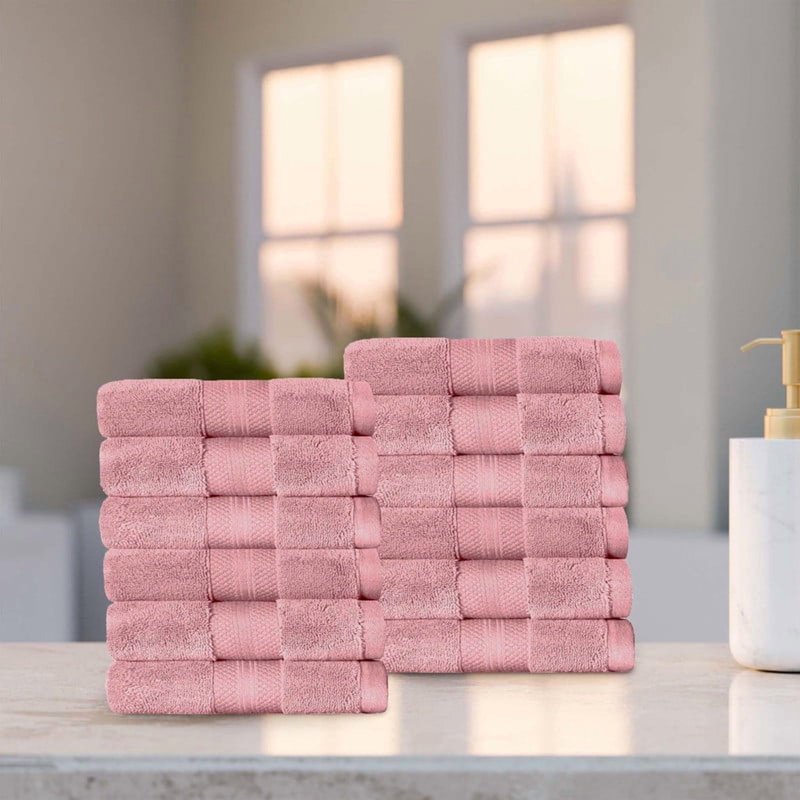 Turkish Cotton Face Towel Set - Heavyweight 12-Piece Coral Pink - Soft & Absorbent