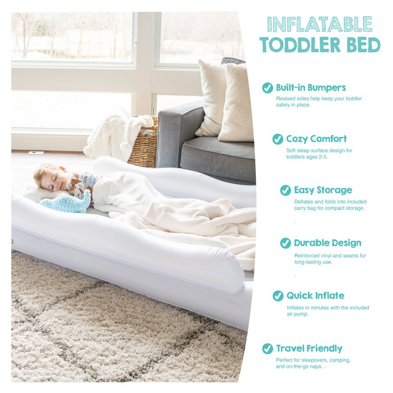 Inflatable Toddler Travel Bed with Safety Rails & Air Pump - White