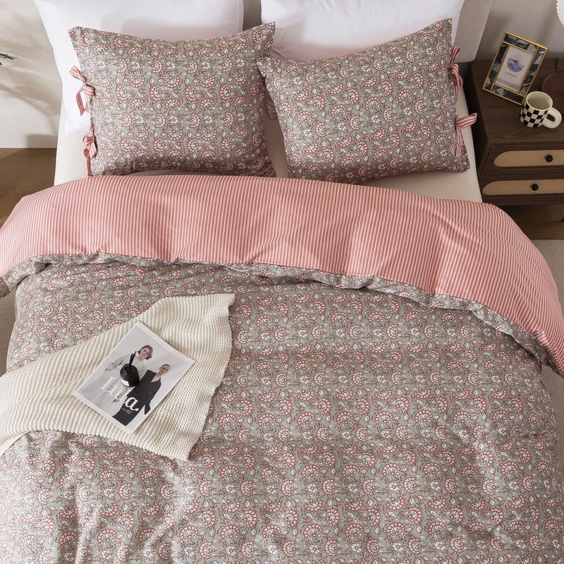 Reversible All-Season Full/Queen Duvet Cover Set with Floral Bowknot - Green
