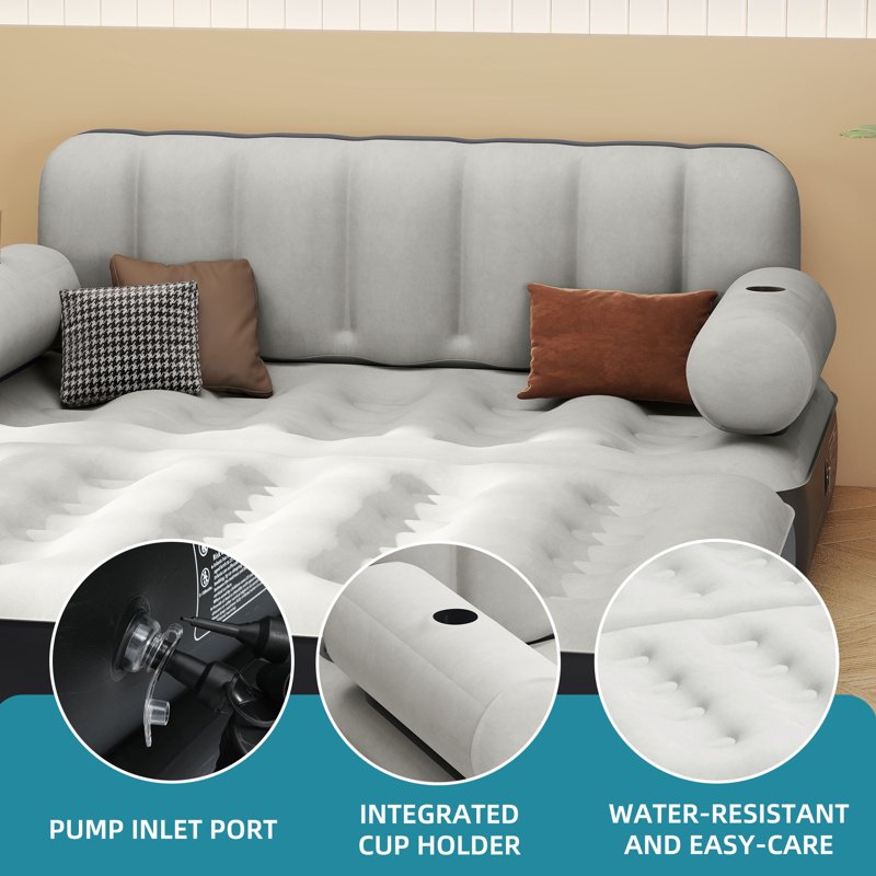 Queen Air Sofa Bed Mattress with Headboard & Pump Gray Style1