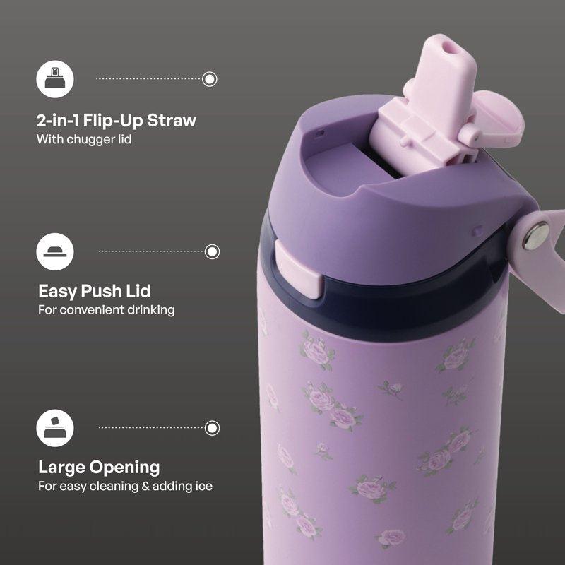 24oz Stainless Steel Water Bottle with 2-in-1 Lid - Purple Flowers