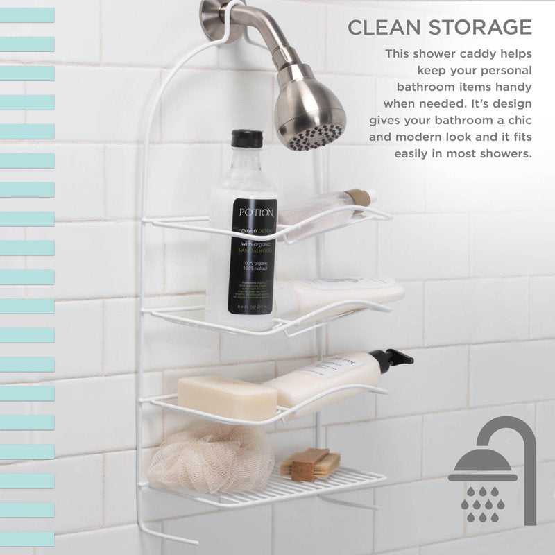 Metal Shower Organizer with 4 Shelves and Hooks - White Bathroom Caddy