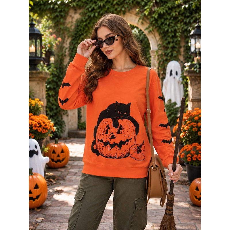 Halloween Women Sweatshirt Black Cat Pumpkin Graphic Pullover - Orange 2XL