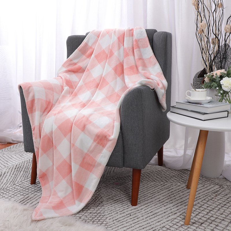 Plaid Soft Plush Fleece Blanket for Sofa Couch Bed - Pink & White 50" x 60"
