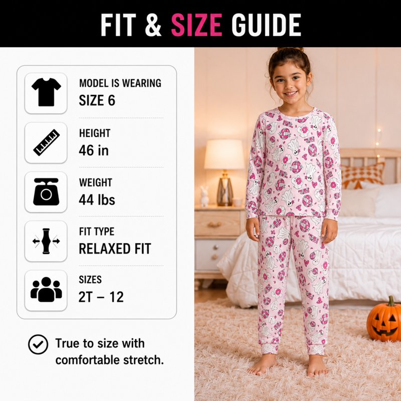 Pink Ghost Girls Pajamas Set - Halloween 2-Piece Long Sleeve & Pants (4T-12) Variation of THIS listing
