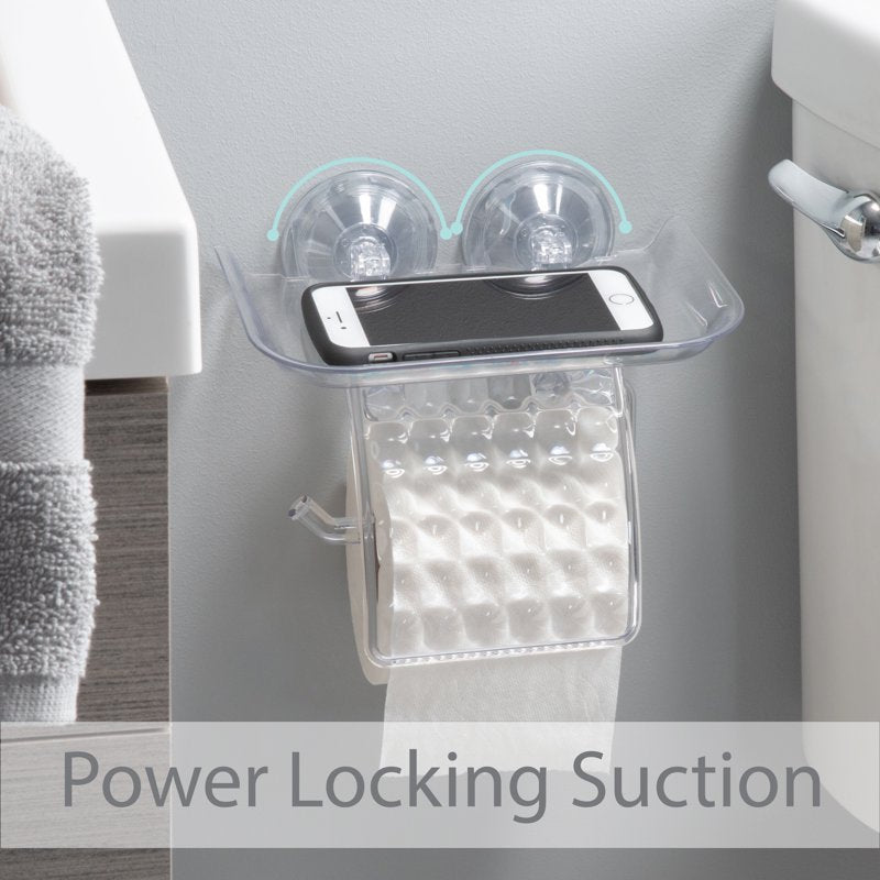 Clear Toilet Paper Dispenser with Cell Phone Shelf - Suction Cup Bathroom Organizer