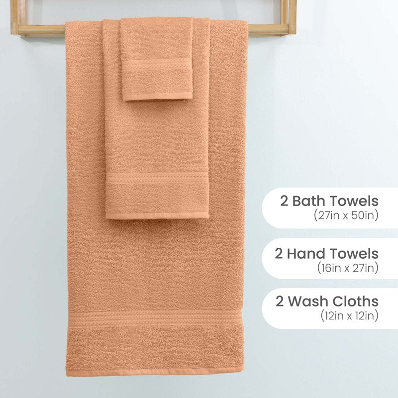 Cotton Towel Set - 6-Piece Soft Quick-Dry Towels in Peach - Bath & Hand Towels