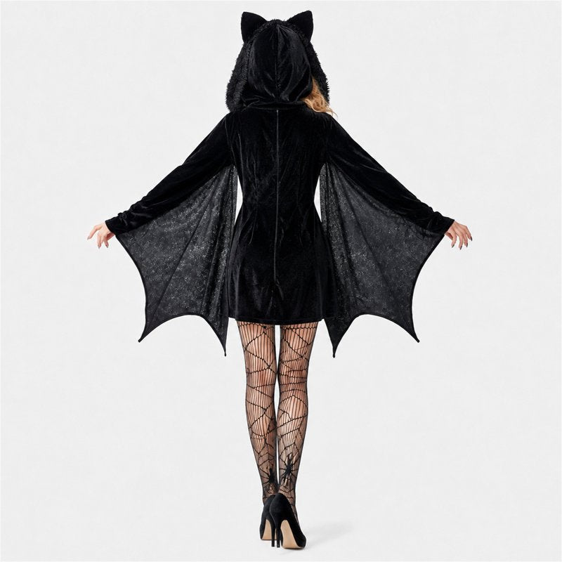 Women's Black Bat Hooded Velvet Halloween Costume Dress - 3XL