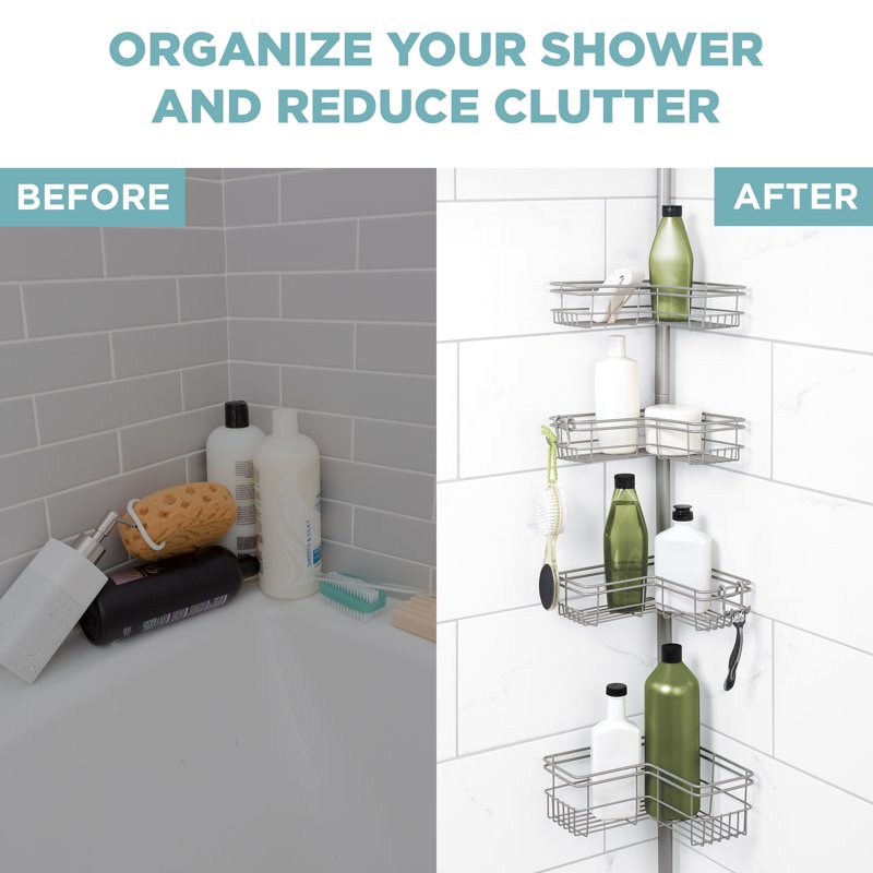Satin Nickel Tension Shower Caddy with 4 Shelves, Adjustable Corner Organizer