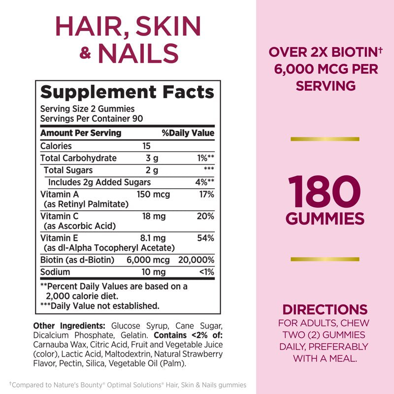 Advanced Hair, Skin & Nails Gummies - 2x Biotin, Strawberry, 180 Ct