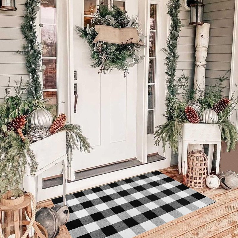 Black Buffalo Plaid Outdoor Welcome Door Mat - Fall & Halloween Decor