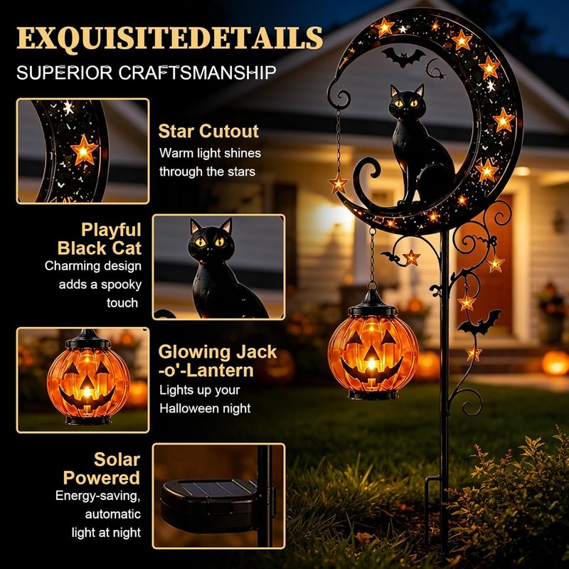 Solar Halloween Black Cat & Pumpkin Moon Garden Stake Light - Waterproof Metal Decor - Variation A
