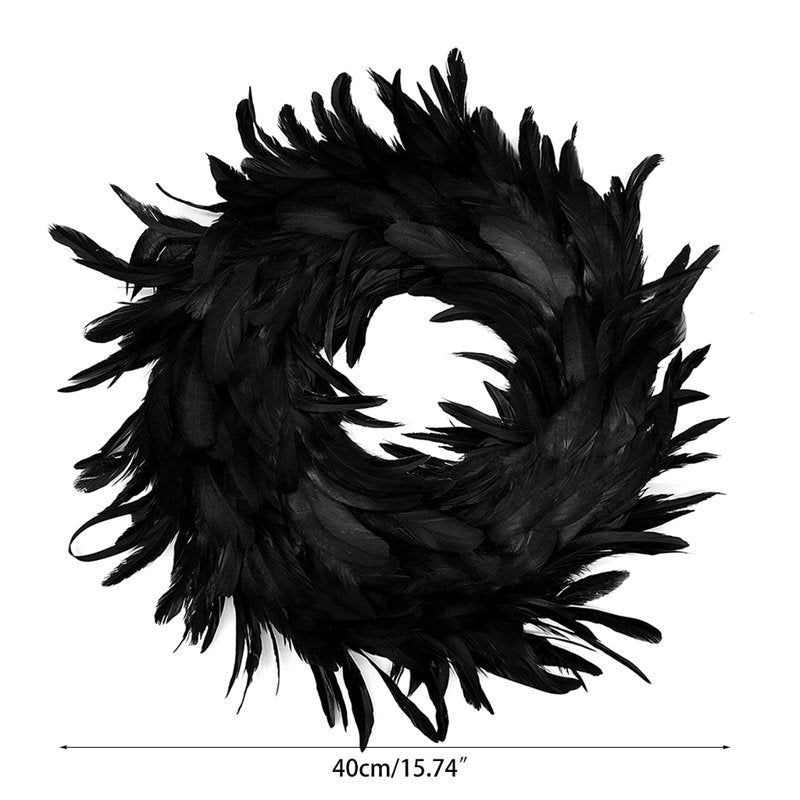Black Feather Wreath for Halloween Front Door Decor - Spooky Scene Party Favors